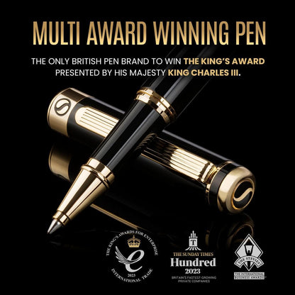 Scriveiner Black Lacquer Rollerball Pen - Stunning Luxury Pen, Real Gold Plating, Schmidt Ink Refill, Best Roller Ball Gift Set for Men & Women, Professional, Executive Office, Nice Pens