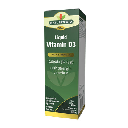 Natures Aid Vitamin D3 Liquid 2500iu 50ml – High Strength Cholecalciferol Vit D Drops – Bone & Immune Support – Vegan, Non-GMO, Gluten-Free – Natural Supplement Includes Dropper