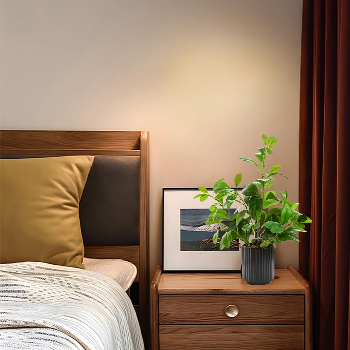 EZBOHO 16 inch Artificial Plants Indoor Realistic Touching Evergreen Leaf Fake Plant with Creamic Black Pot for Home Office Living Room Bathroom Office Table Bookshelf Decor