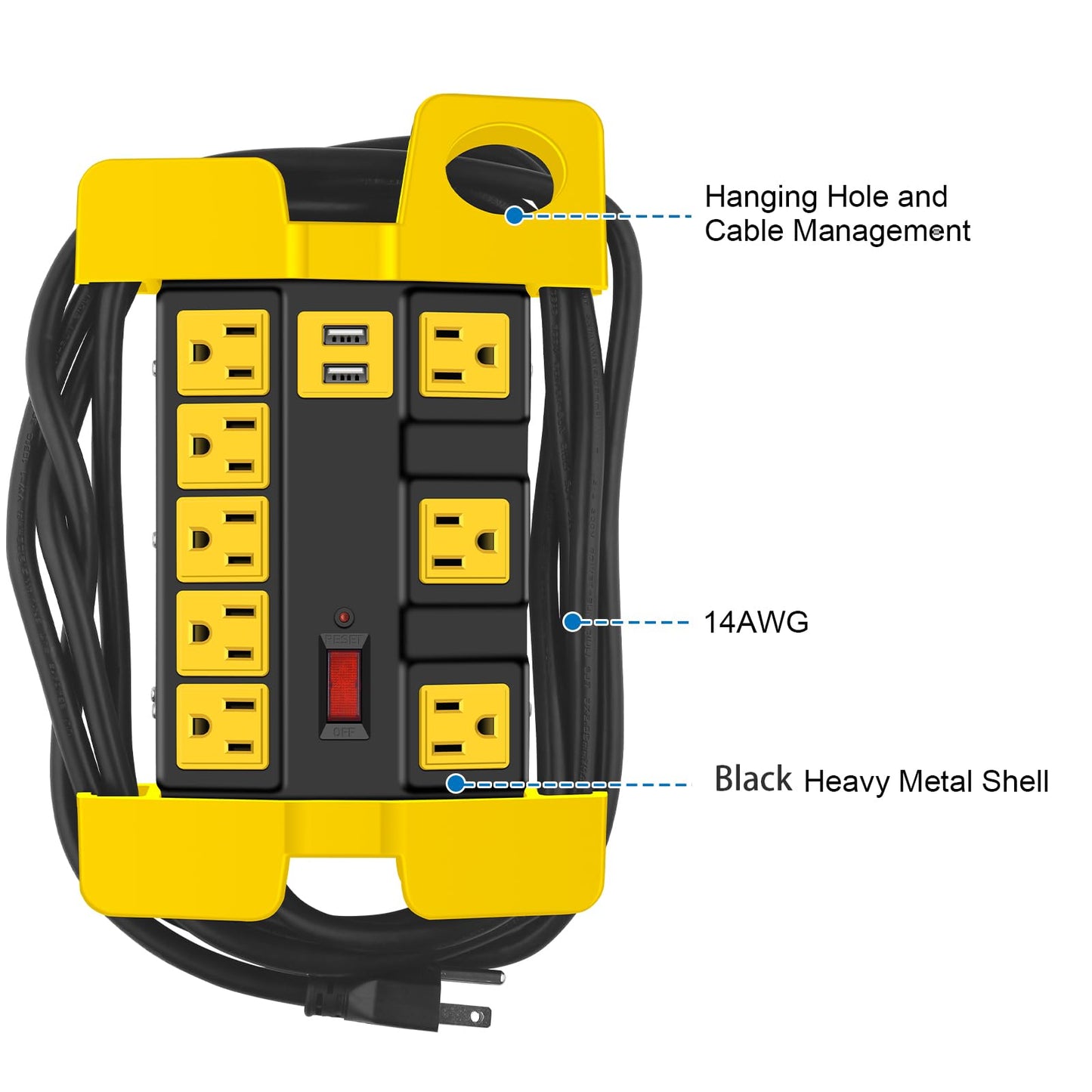Heavy Duty Power Strip with USB, Workshop 8 Outlet Surge Protector 2700 Joules, Industrial Metal 15Amp Power Strip, 6FT Extension Cord and Wide Spaced. Yellow