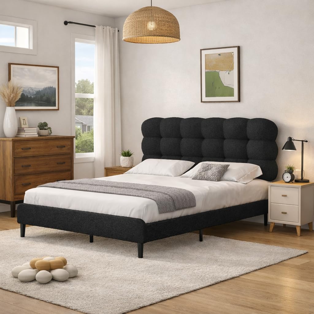 BarnFurin Full Size Bed Frame with Upholstered Headboard, Boucle Bed Frame, Platform Bed with Strong Wooden Slats Support, Two Bed Forms Design, No Boxing Spring Needed, Easy Assembly, Black