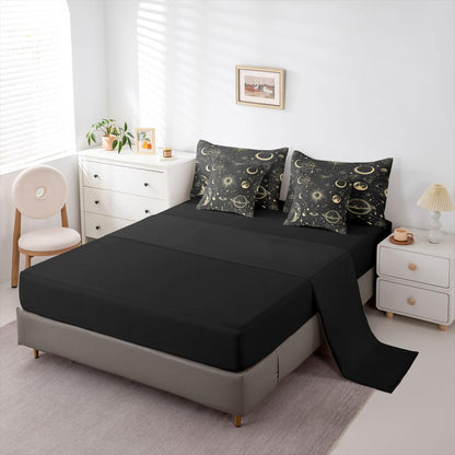Erosebridal Galaxy 7 Piece Bedding Set Queen Sun Moon Comforter Set with Sheets Starry Sky Bed in A Bag Grunge Style Bed Sets with 2 Pillowcases, 2 Throw Pillow Covers