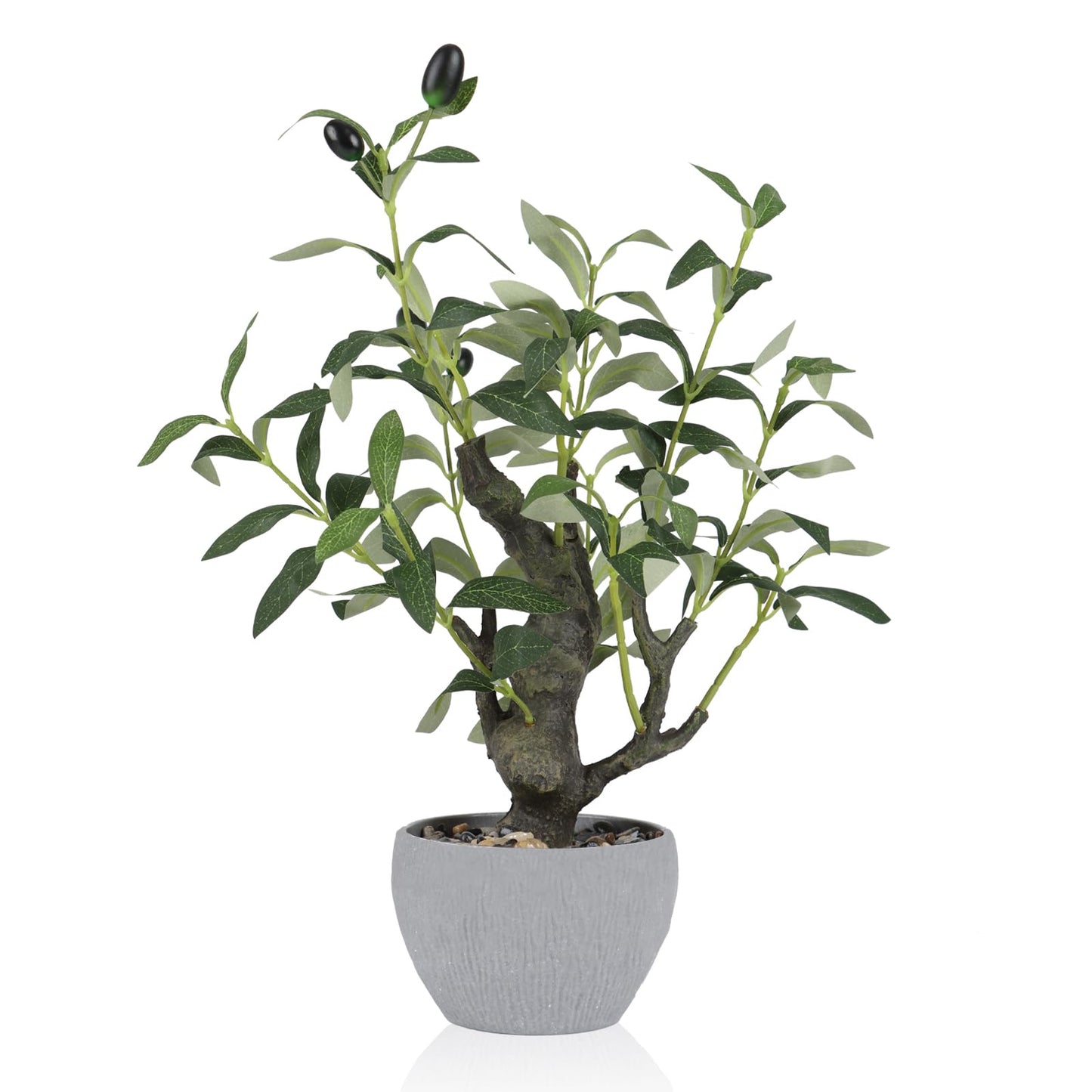 KAIRNE Artificial Olive Tree Potted,15.7” Tall Fake Green Plants,Realistic Leaves Decorative Table Decor,Lifelike Branches and Fruits Planter,Rustic Design Faux Plants for Home Office Desk Decor