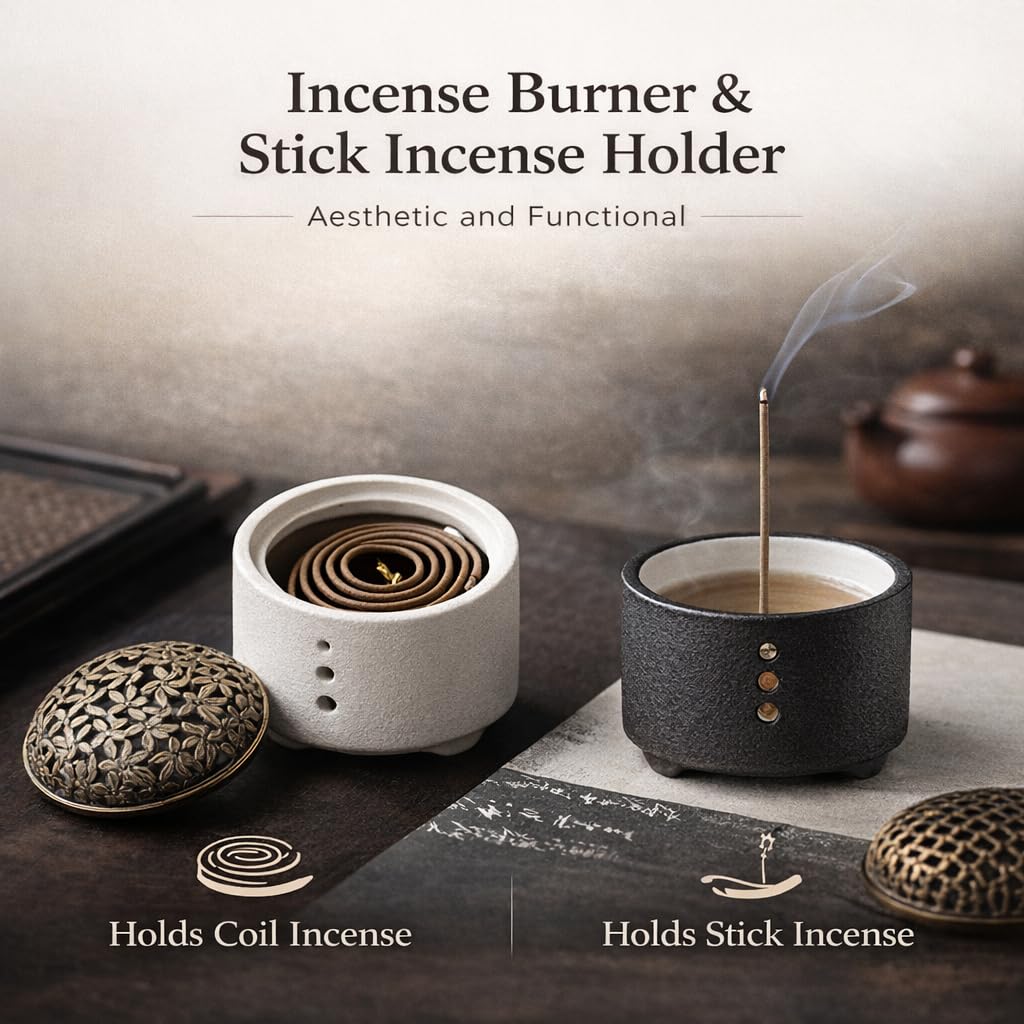 Zen Incense Burner, Minimalist Ceramic Stick Incense Holder for Cone, Stick and Coil Incense for Yoga, SPA, Meditation