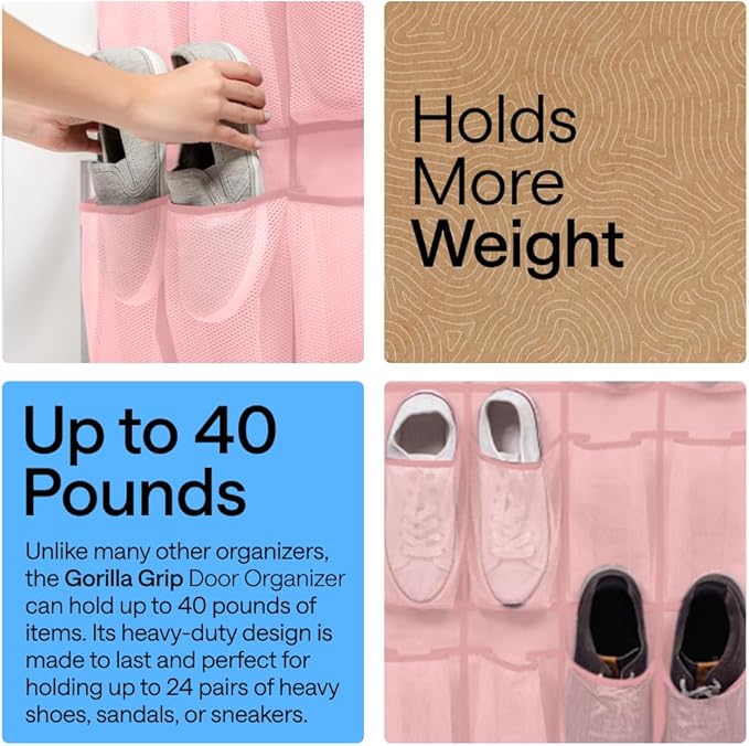 GORILLA GRIP Over the Door Shoe Organizer, 24 Large Breathable Mesh Pockets