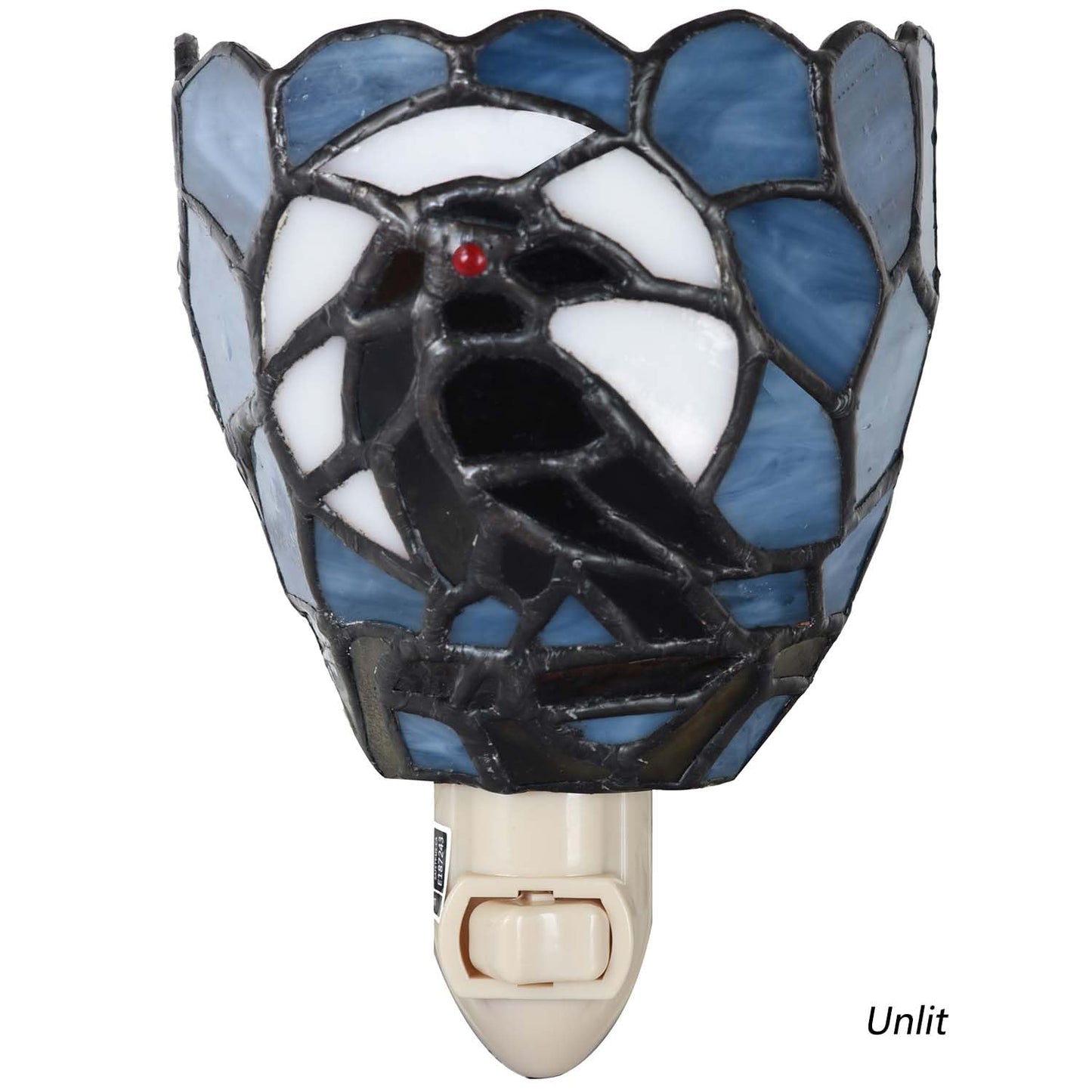 Bieye L12022 Tiffany Style Stained Glass Raven Plug-in Night Light Gothic Crow and Full Moon Design Bedside Wall Lamp