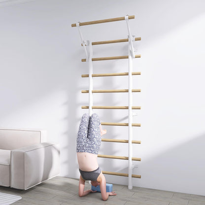 DHT Swedish Ladder Wall Gym, Wood Stall Bar, Suspension Trainer with 9 Strategic Rods, Indoor Jungle Gym for Kids and Adult, Wall Bars for Home, School, Physical Therapy and Gymnastics, White