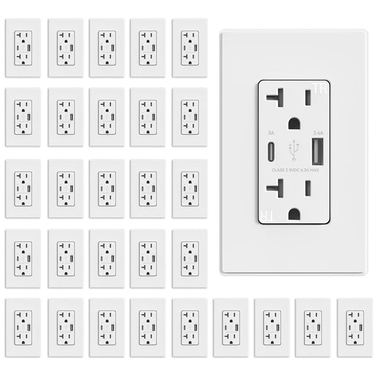 ELEGRP USB Charger Wall Outlet - 20 Amp Duplex Tamper Resistant Receptacle with USB A & C Ports, NEMA 5-20R, Wall Plate Included, UL Listed, 30 Pack, Matte White
