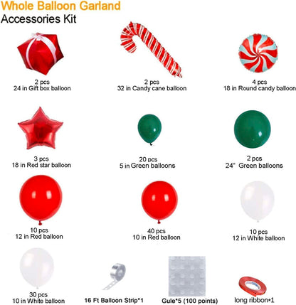 BONROPIN Christmas Balloon Garland Arch kit with Christmas Red White Candy Balloons Gift Box Balloons Red Star Balloons for Xmas Party Decorations