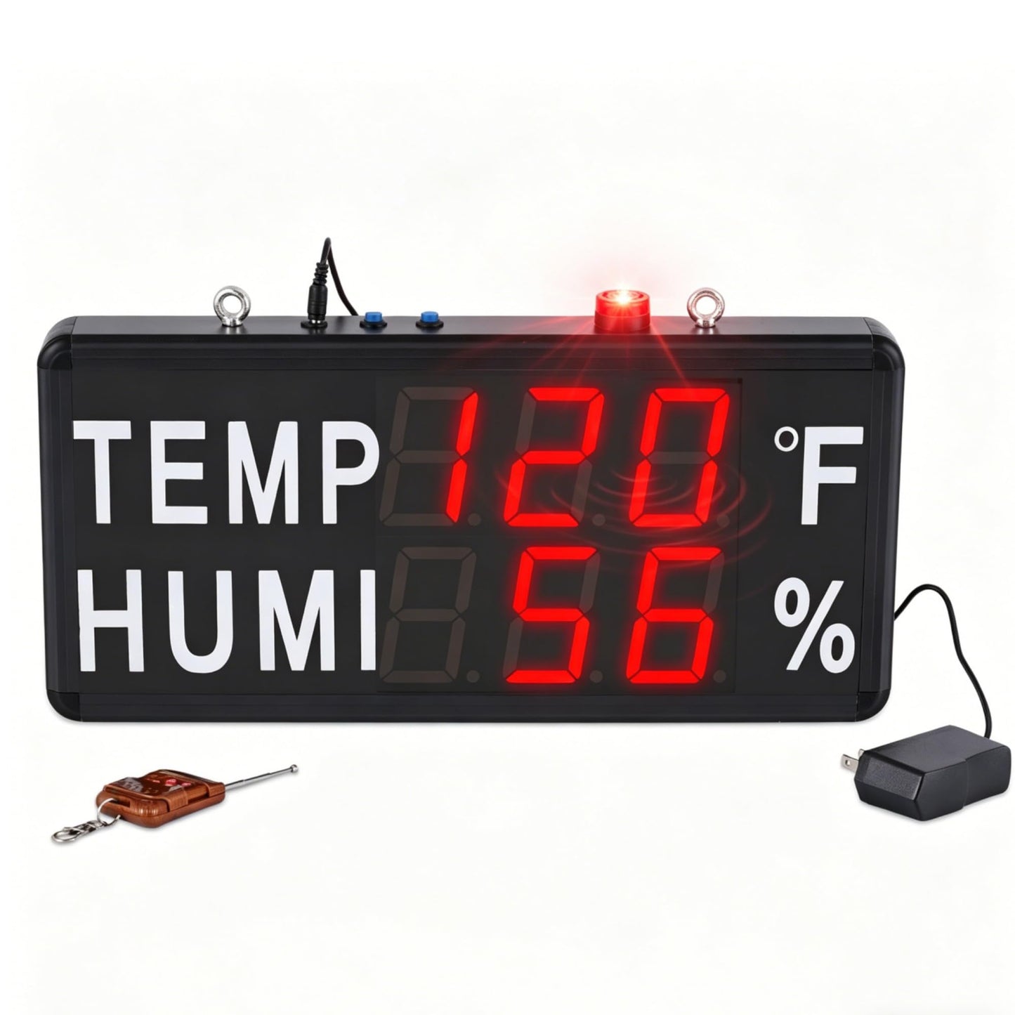 JIAWANSHUN 4" Large LED Thermometer Hygrometer with High Brightness Red Display, High Accuracy (-40°F~248°F / 0-100% RH), Features Custom Alarm & Wide Voltage for Industrial, Greenhouse & Farm Use
