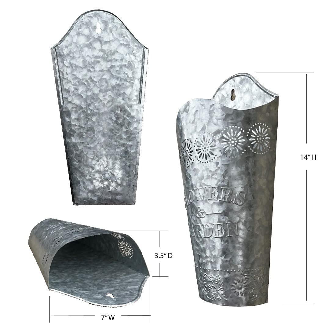 Lily's Home Set of 2 Rustic Farmhouse Galvanized Metal Wall Planters, with Floral Accents for Indoor or Outdoor Artificial Greenery. Rustic Hanging Flower Holders Wall Decor