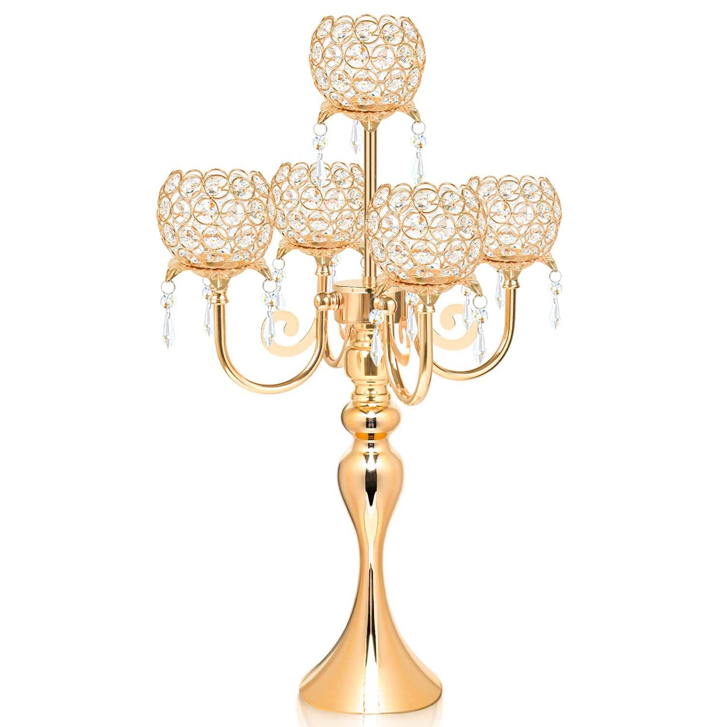 Kehail 5 Arm Gold Candle Holder 22.5 Inch Tall Crystal with Pendant, Romantic Home Decor Elegant Candlestick Holder for Dates Wedding Receptions Holiday Party Important Events