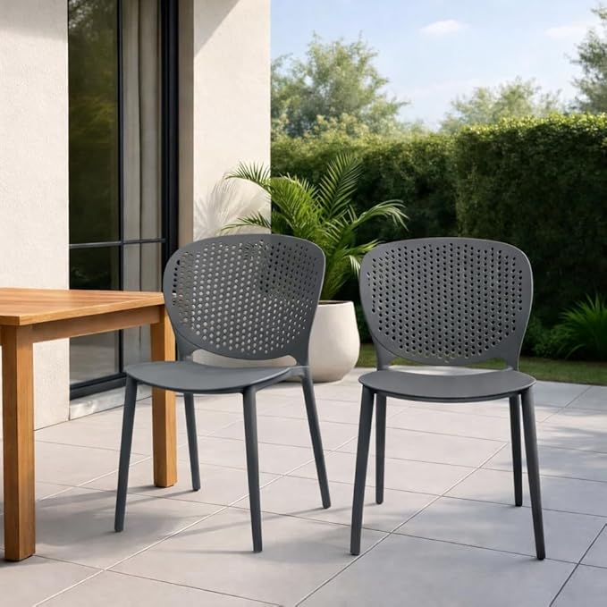 2xhome Set of 4 Patio Dining Chairs | Modern Stackable Outdoor Pool Side Chair | Weather Resistant Plastic for Yard, Porch, Balcony, Kitchen, Gray