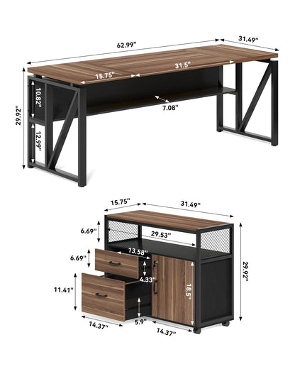 LITTLE TREE 63" L Shaped Executive Computer Desk and Drawer lateral File Cabinet, Dark Brown