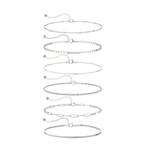 DEARMAY Silver Chain Bracelets for Women, Waterproof Silver Plated Jewelry Set Fashion Stackable Beaded Figaro Herringbone Link Bracelet Trendy Pack Stack Gifts for Women