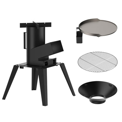 ONLYFIRE GRILLS 3-in-1 Camp Rocket Stove Kit with BBQ Grate, Griddle, Pot Rack, Portable Wood Burning Stove with Detachable Stand, Camping Gear for Outdoor Cooking Patio Barbecue RV Tailgating, GS345