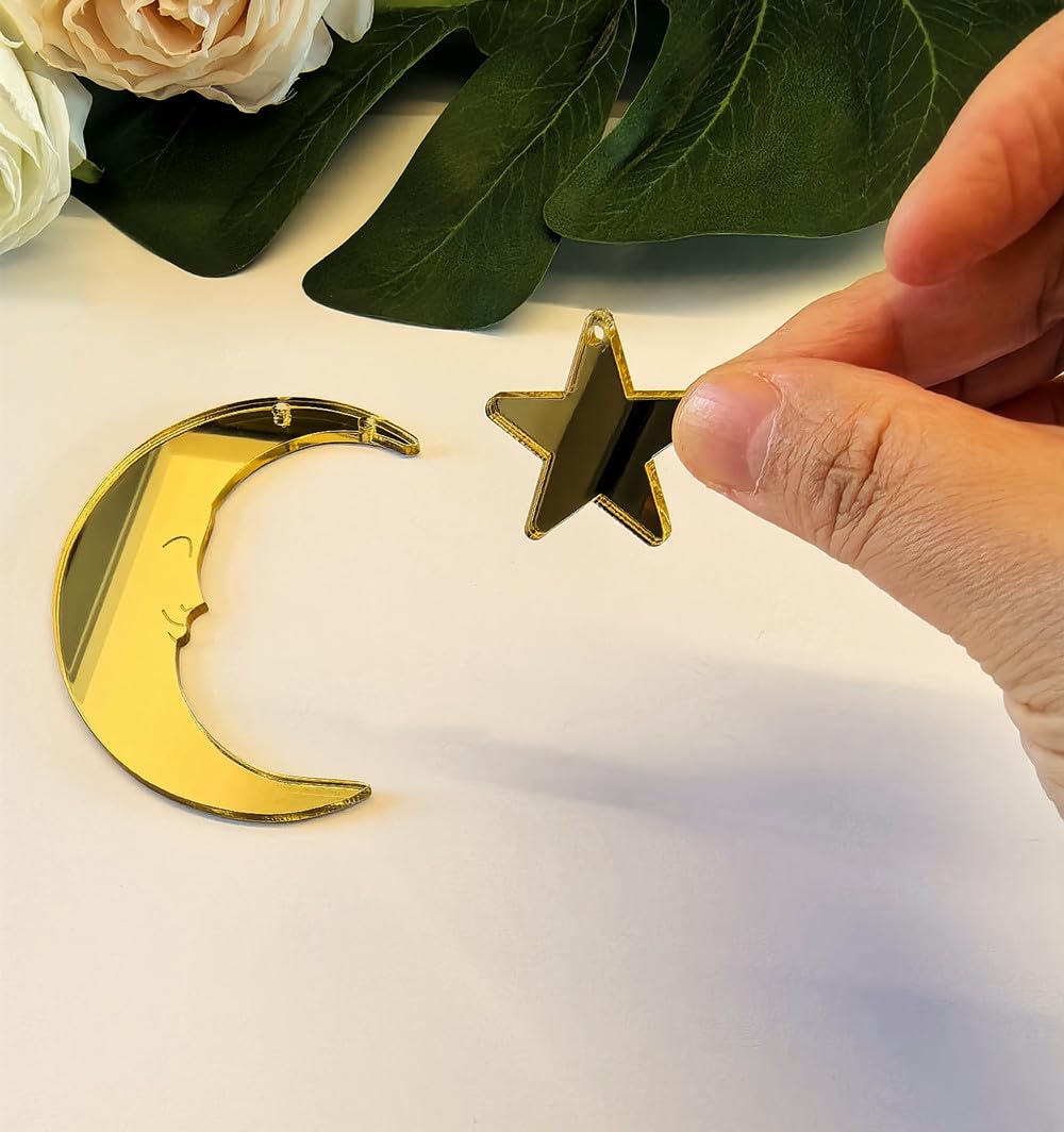Set of 20 Crescent Moon and Star,Christmas Moon and Star Hanging Ornament for Window &Christmas Tree Decoration (Gold Mirror)
