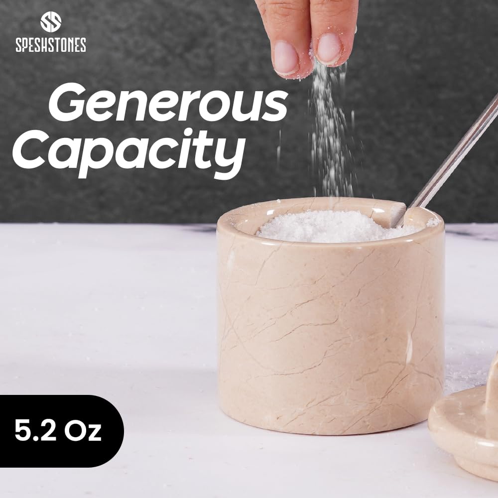 SPESHSTONES Marble Salt Cellar Beige 4 Inch Salt Jar with Lid, Table Salt Containers for Countertop, Salt Dish, Salt Holder, Spice Jars, Sugar Bowl, Seasoning Container Set of 2, Salt Dispenser