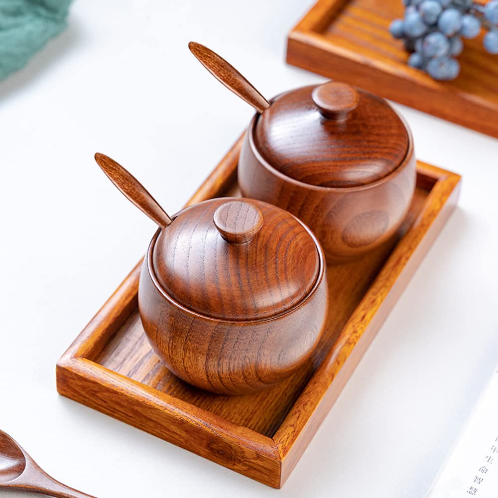 YMYL 2 Pcs Wood Condiment Pot Spice Jars, Natural Wooden Sugar Bowl Pepper Seasoning Container Condiment Pot with Lid, Spoon and Tray for Herbs Salt Pepper Spices
