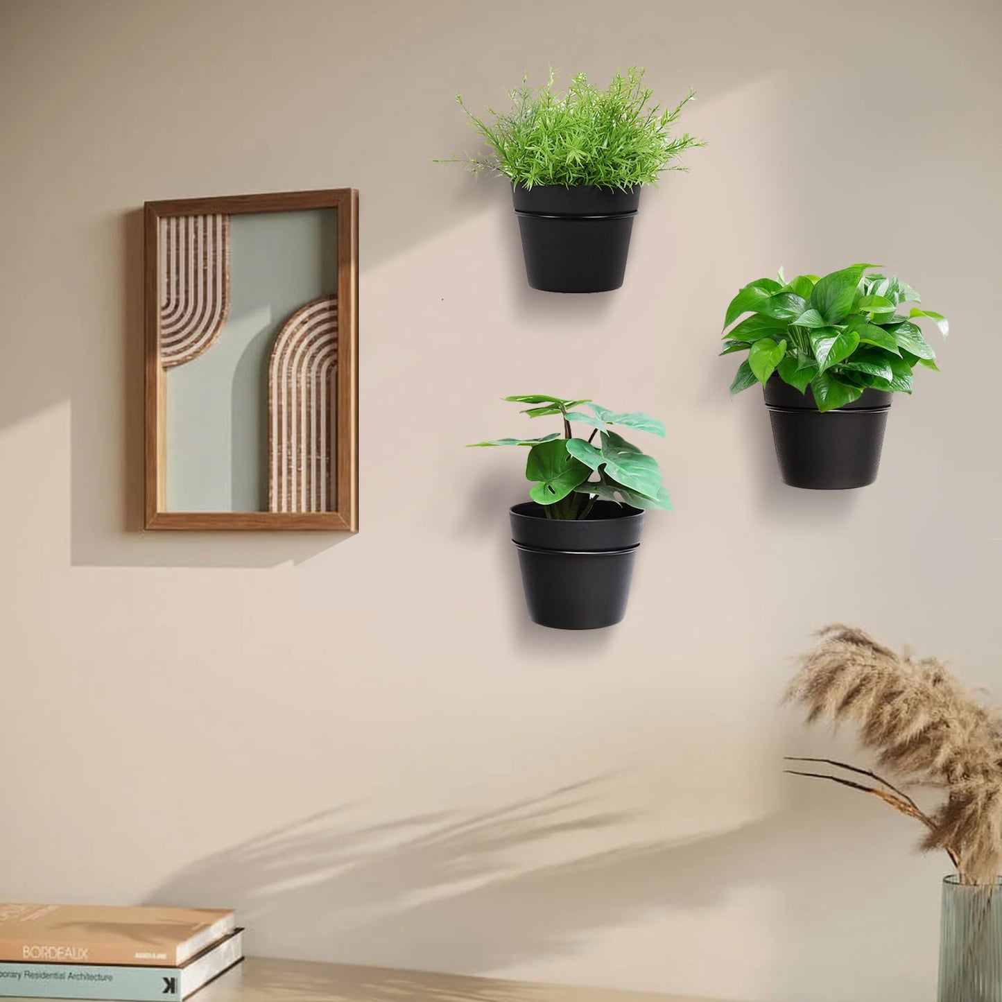 CAIJUDONG 3 Pack Wall Hanging Planters Indoor Outdoor 6.3 Inch Self-Watering Flower Pots with Leak-Proof Drainage Iron Brackets Hanging Basket Room Garden Decor(Black)