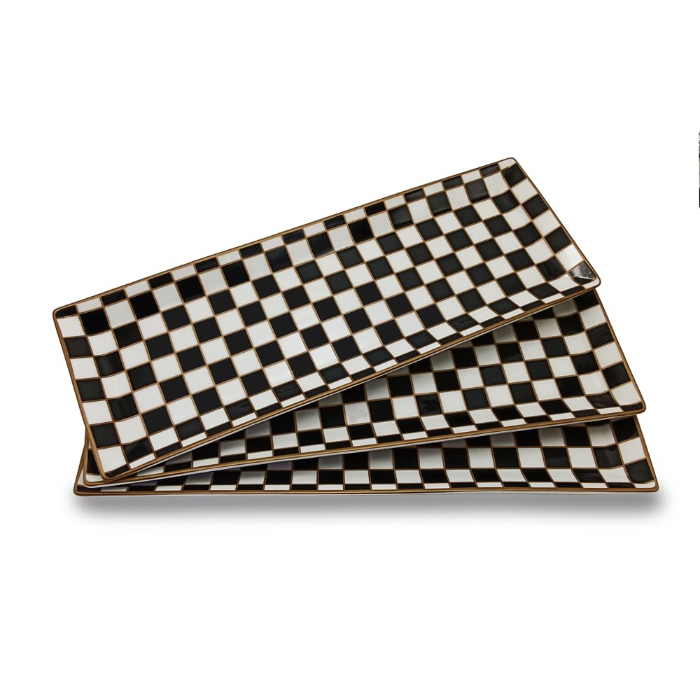 Porlien 14-inch Checker Black and White Rectangle Serving Platters Set of 3 for Party, Wedding and Entertaining, Rectangular Serving Plates, Serving Tray for Dinner, Appetizers and Desserts