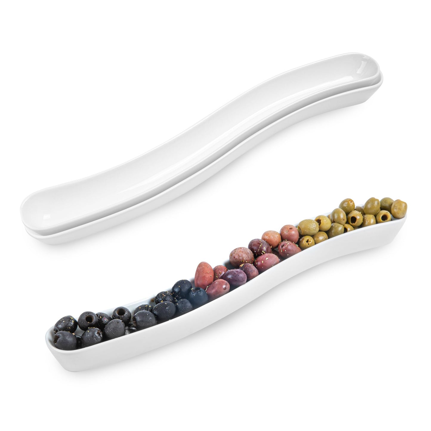 Restaurantware Swerve 14 Ounce Olive Plate 1 Curved Olive Tray - Small Chip Resistant White Porcelain Olive Canoe Dishwasher Safe For Snacks Condiments Or Appetizers