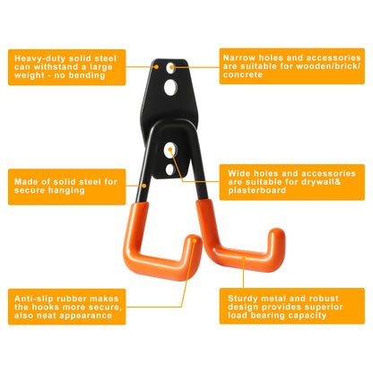 KURUI Heavy Duty Wall Hook for Hanging, 2 Pack Garage Tool Organizer Wall Mount, Metal Garage Storage Hooks for Ladder,Extension,Garden Tool, Small Utility Hook, Hose Holder for Outdoor and Indoors