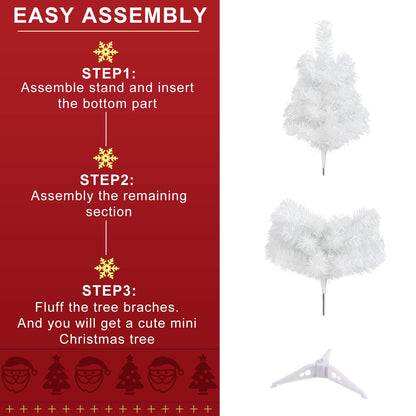 CCINEE 2Ft Artificial Christmas Tree, White Mini Tabletop Xmas Tree with Plastic Stand 80 Branches Tips for Christmas Party Supplies Home Indoor Decoration