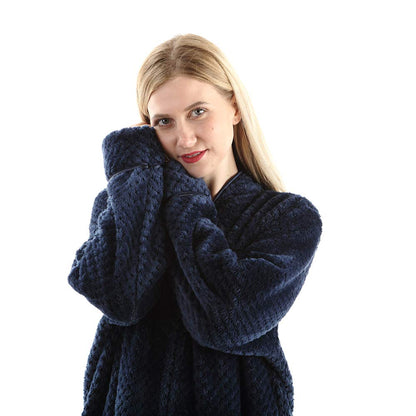 Oksun Womens Plus Size Fleece Dressing Gown Soft Bathrobe Full Length with Zipper, Navy, UK14-20(label XL)