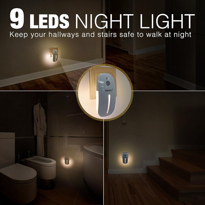 Sensky Plug in Night Light - 2 Pack Dimmable 3500K Warm White LED with Auto Dusk to Dawn Sensor and Dual Front Back Lighting - for Bedroom Bathroom Kitchen Hallway Stairs Home Decor Lamp