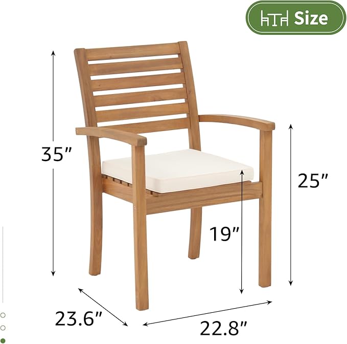 OC Orange-Casual Stackable Patio Dining Chairs Set of 6, Outdoor Acacia Wooden Chairs w/Armrest & Removeable Fabric Cushion, for Porch, Backyard, Garden, Indoor, Beige