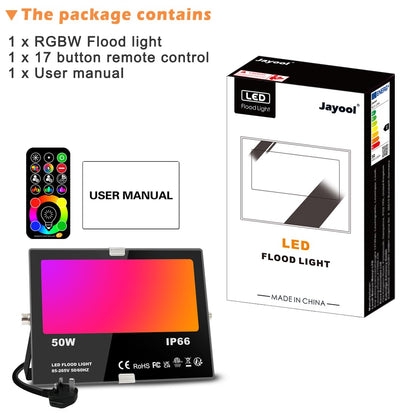 Jayool LED Floodlight Outdoor 50W 5000LM, Flood Lights Colour Changing, 120 RGB Colours- Warm White-Timing-Remote Control - 5 Modes, IP66 Waterproof, UK 3-Plug (1 Pack)