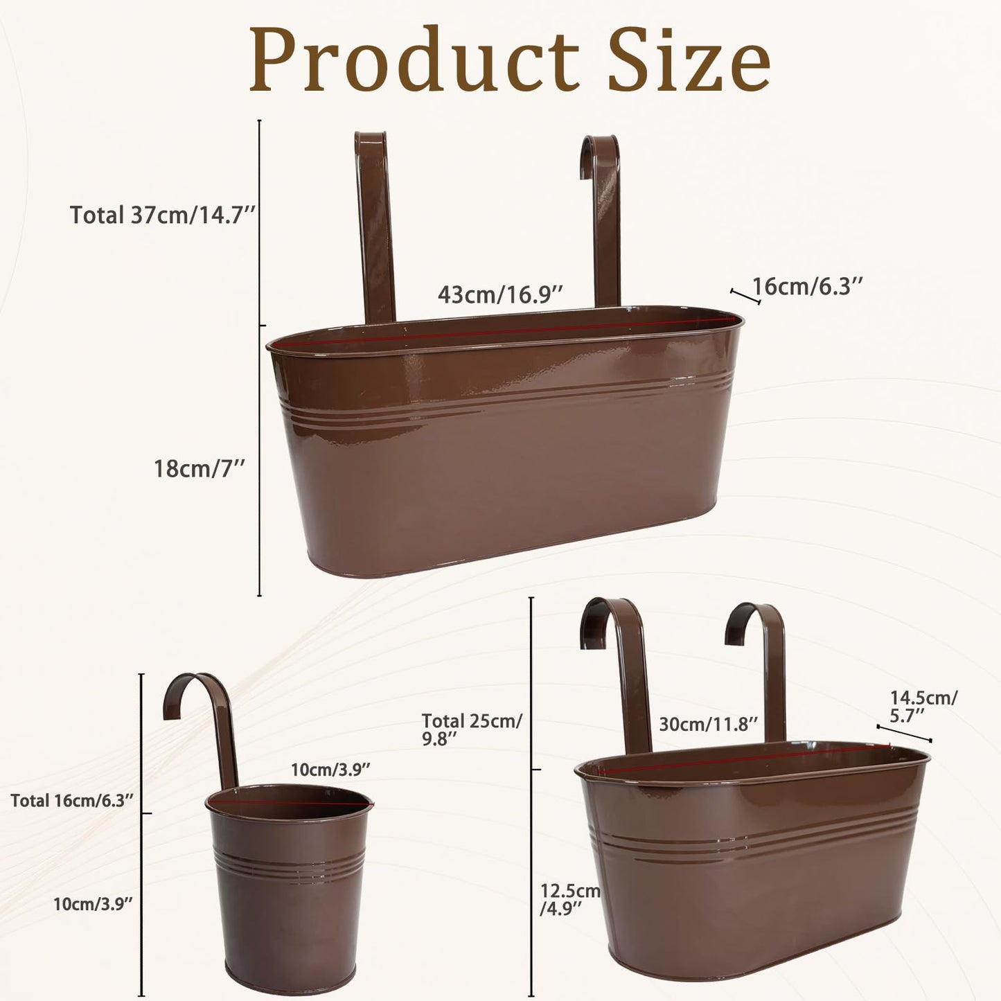 Joyfernal Set of 6 Balcony Hanging Planters, 2 Pcs 17" Metal Railing Flower Pots & 2 Pcs 12" Deck Planter & 2 Pcs 4" Fence Pot for Outdoor Patio Garden Décor, Chocolate