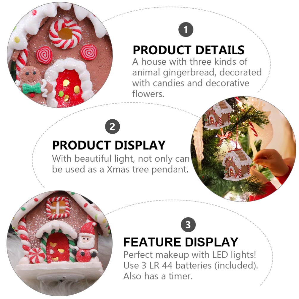 Toyvian 3 Pcs Gingerbread Houses: LED Christmas Village Houses with Rope, Soft Clay Dough Hanging Ornaments - Resin Santa Snowman Figures for Home Holiday Xmas Decor