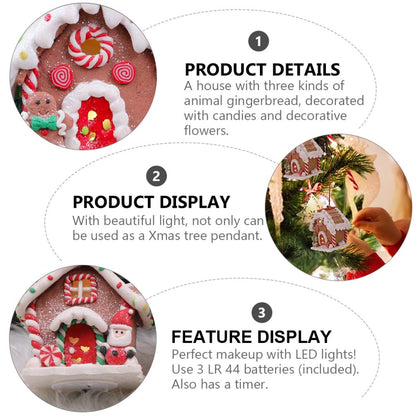 Toyvian 3 Pcs Gingerbread Houses: LED Christmas Village Houses with Rope, Soft Clay Dough Hanging Ornaments - Resin Santa Snowman Figures for Home Holiday Xmas Decor