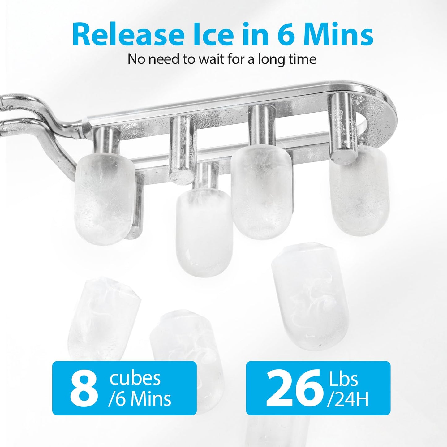 Aeitto Ice Maker Countertop 26lbs/24H, 8 Ice Cubes 2 Sizes of Bullet Ice Ice Machine Ready in 6 Mins, Portable Ice Makers with Basket & Scoop, Auto Self-Cleaning for Home/Kitchen/Office Stainless