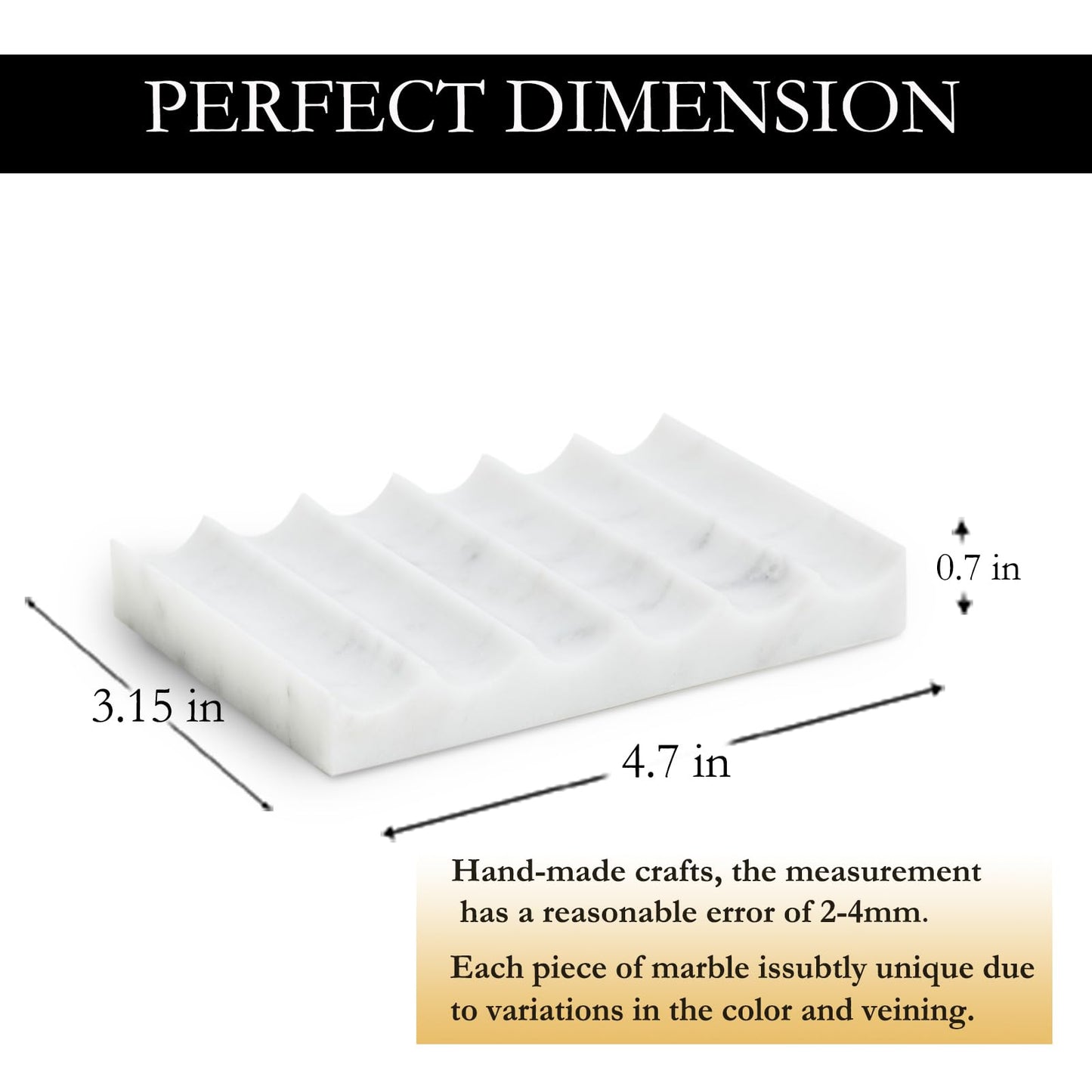 PHINILUX Luxurious Marble Soap Dish Jewelry Ring Tray - Rectangle Stone Soap Tray & Saver for Shower – Self Draining Soap Holder for Bathroom, Kitchen,Carrara White