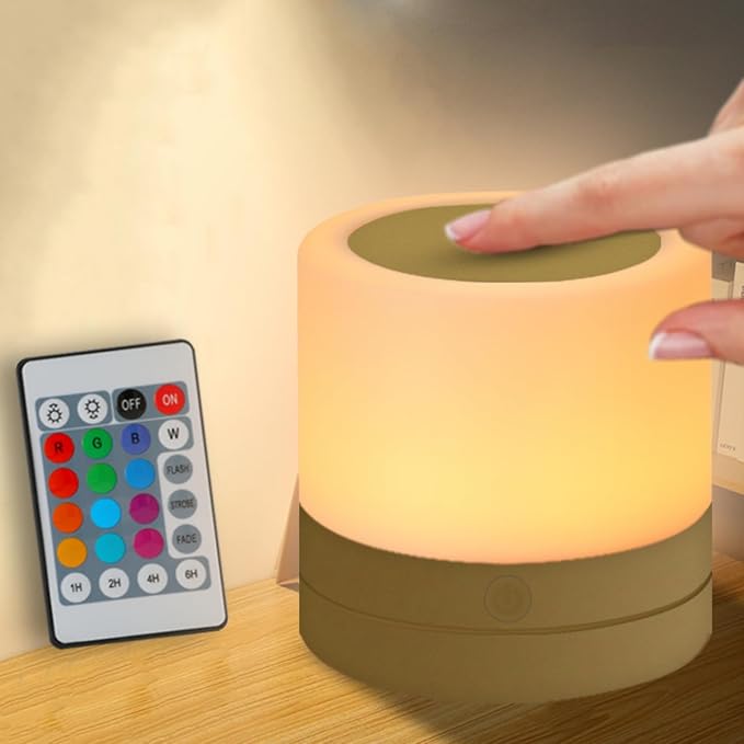 ERUN Nursery Night Light for Kids, USB Rechargeable Small Desk Lamp,13 RGB Colors & 4 Brightness & 1 Remote, Touch Bedside Cordless Table Lamp, Portable Night Lamp for Bedroom Living Room Home (Gold)