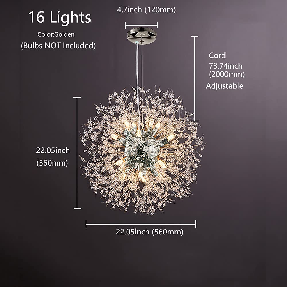 Mivenda Modern Crystal Chandeliers 16-Light Chrome Dandelion Light Fixture,Firework Chandelier,Personalized Ceiling Hanging Lighting for Living Room,Dining Room,Kitchen,Bedroom Chandelier