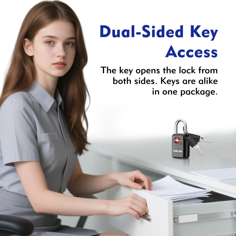 SURE LOCK TSA Approved Luggage Locks - One Key Opens All, Compact & Durable Zinc Alloy Travel Lock with Steel Shackle, Keyed Alike (Black 2 Locks, Mini Size for Suitcase/Backpack/Gym Locker)