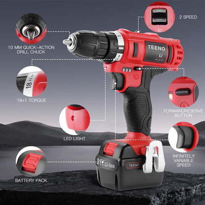 Cordless Drill Driver 21V TEENO,Battery Powered Screwdriver with 2X 1.5Ah Lithium Battery and 20 Accessories,2 Speeds,18+1Torque