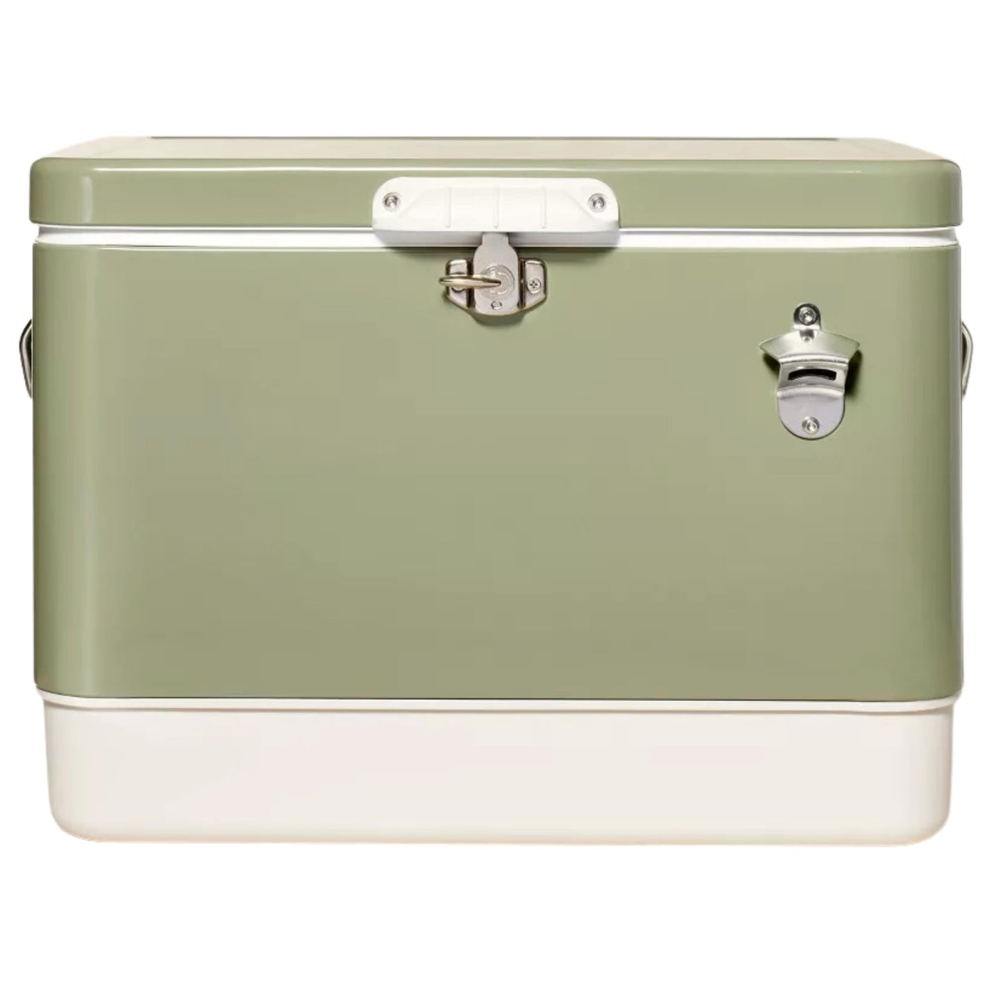 FSE Hard-Sided 54 Qt Metal Cooler, 80 Can Vintage Ice Chest, Durable Two-Tone Design with Latch Lid, Built-in Bottle Opener, Plastic Liner & Side Handles, Green/Cream