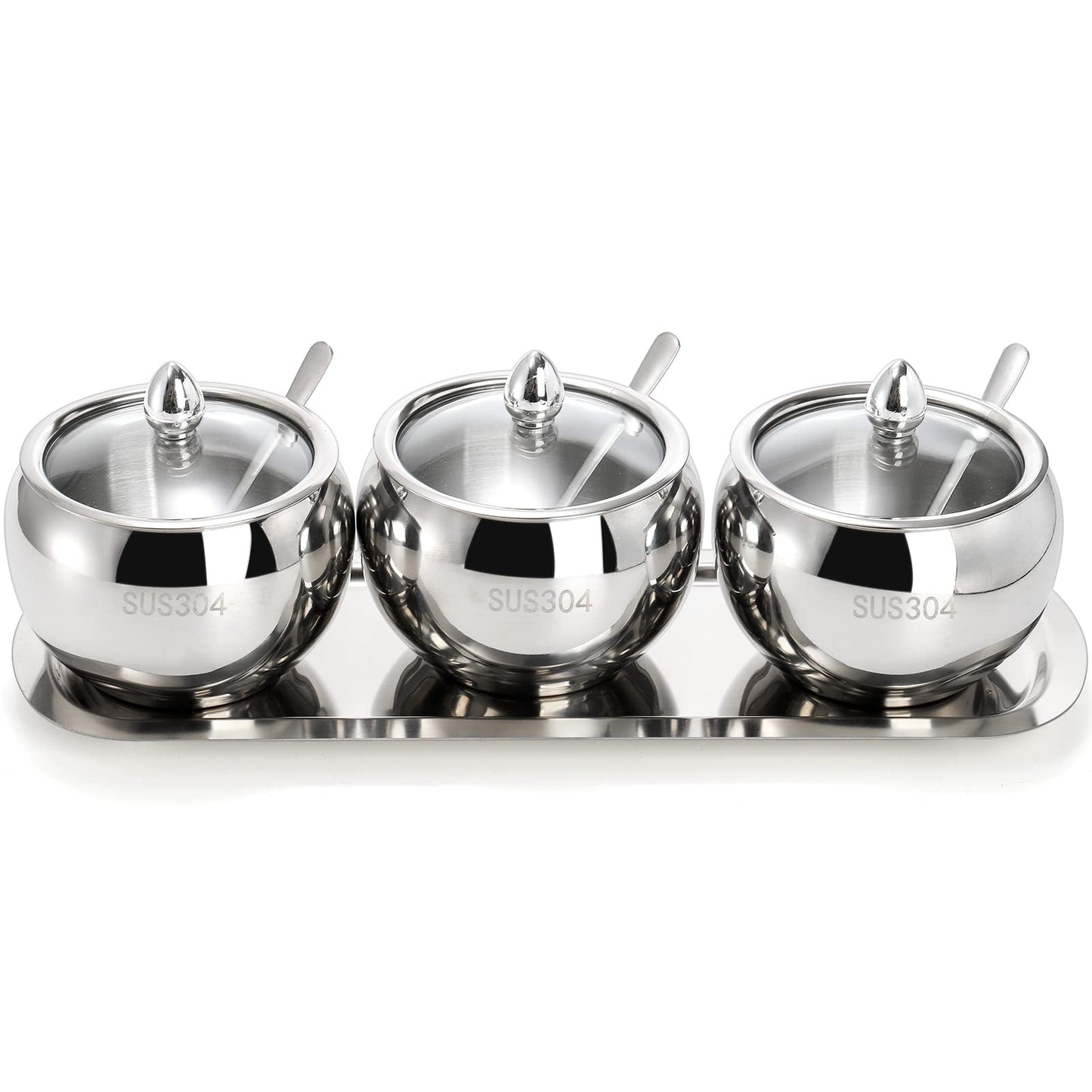 Hedume 3 Grids 304 Stainless Steel Seasoning Containers Set with Lid Spoon and Tray, Condiment Jar Spice Container, Condiment Canisters Pots for Serving Sugar, Pepper, Salt, Spice