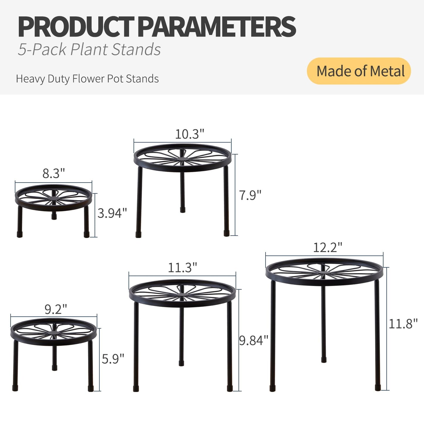 Furshus Plant Stand,5 Pack Heavy Duty Flower Pot Stands,Metal Decoration Racks,Round Plant Shelf for Planter Outdoor and indoor (Black)