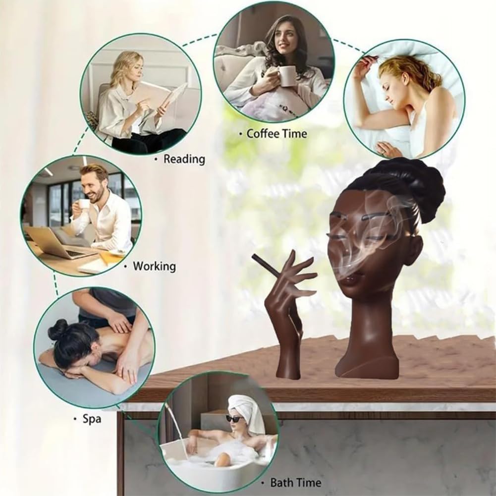 Sophisticated and Elegant Headscents-Head Incense Burner - Black Woman Smoking Head Incense Burner Design Calming Room Waterfall Decor and Unique Home Gift,Desk Decor (A)
