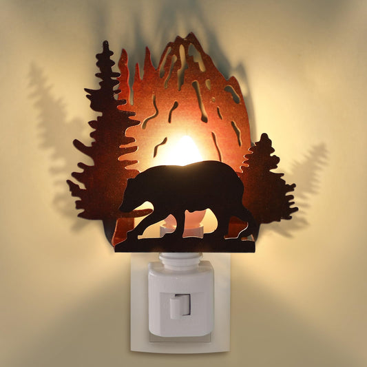 Tuanse Forest Bear Plug in Night Light Wilderness Farmhouse Bear Forest Mountain Night Light Decorative Vintage Cabin Metal LED Lamp Decor for Holiday Bedroom Living Room Bathroom Christmas Gift