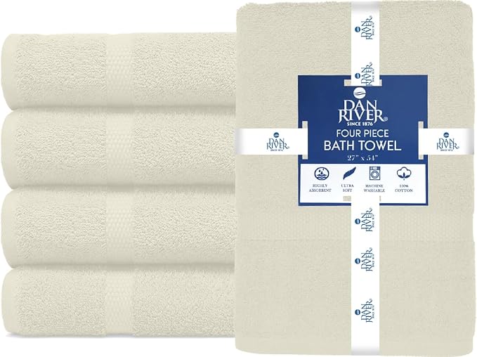 DAN RIVER Bath Towels Set of 4, 27 x 54 Inches, 100% Cotton, Larger & Lighter