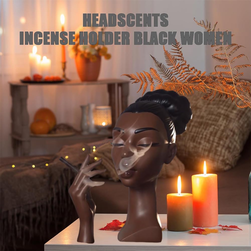 Sophisticated and Elegant Headscents-Head Incense Burner - Black Woman Smoking Head Incense Burner Design Calming Room Waterfall Decor and Unique Home Gift,Desk Decor (A)