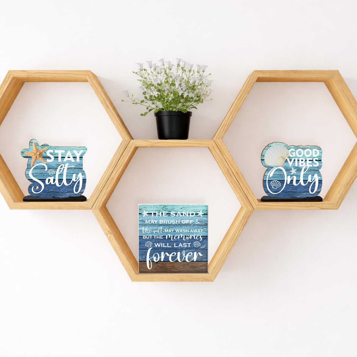 3 Pcs Summer Beach Decorations Wooden Sign - Stay Salty Centerpieces for Tiered Tray Table Desk Bedroom Boys Room Party Shelf Decoration