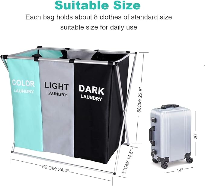 135L Laundry Cloth Hamper Sorter Basket Bin Foldable 3 Sections